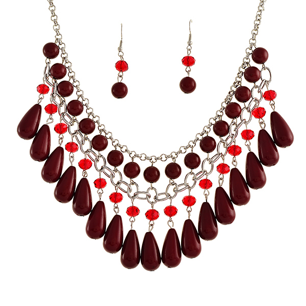 Wholesale silver bib necklace layering wine red acrylic beads matching wine red