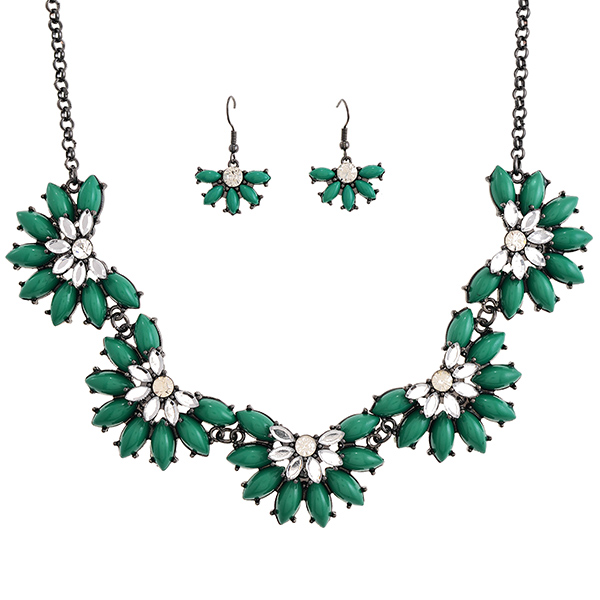 Wholesale hematite necklace flower faceted green stones crystal clear rhineston