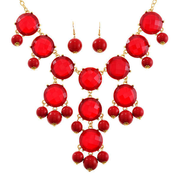 Wholesale gold bib necklace metallic wine red faceted acrylic stone bubble matc