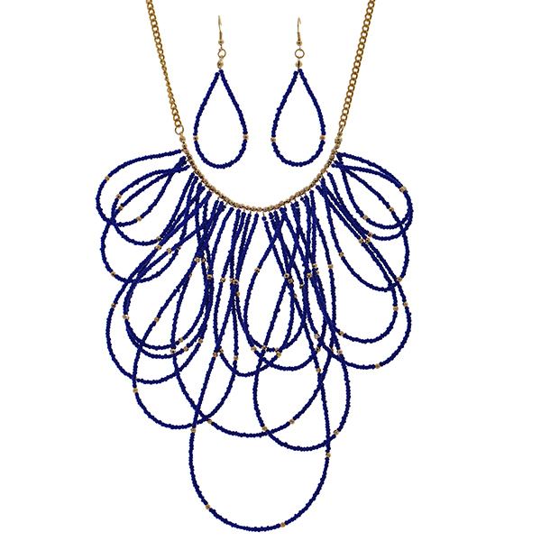 Wholesale gold necklace royal blue seed beaded loop matching fishhook earrings