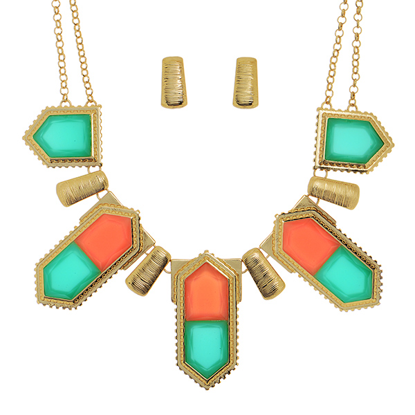 Wholesale gold necklace lime coral mint geometric matching post earrings
