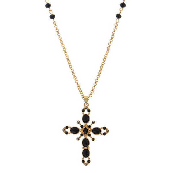 Wholesale gold necklace black faceted beads black cabochon decorated cross pend