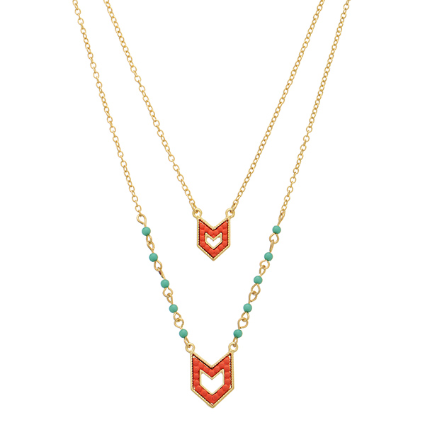 Wholesale gold dainty layer necklace two coral enamel chevron pendants mint gree