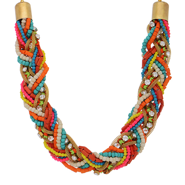 Wholesale multi colored braided seed bead necklace gold clear rhinestone accents