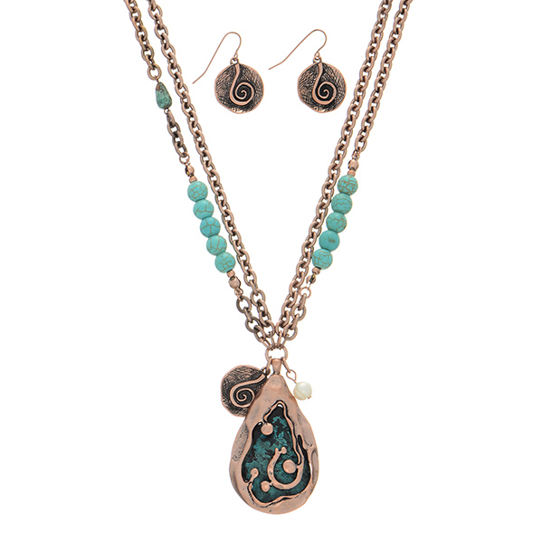 Wholesale varnished copper chain necklace teardrop patina backed pendant turquo