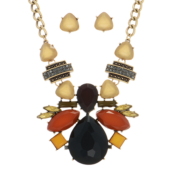 Wholesale varnished gold chain necklace black mustard burnt orange brown caboch