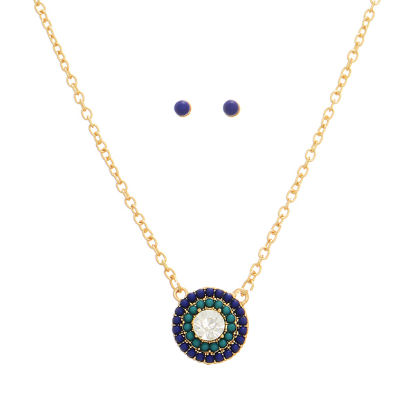 Wholesale gold necklace royal teal stone studded circle pendant center crystal