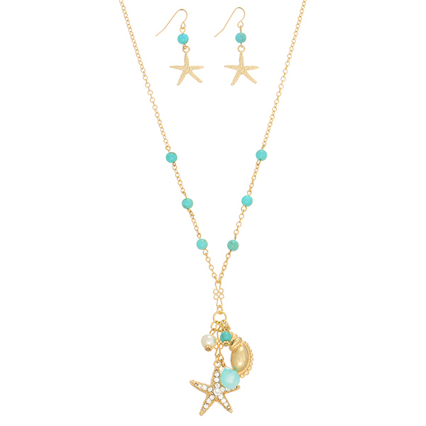 Wholesale gold necklace set turquoise beads sea life charms