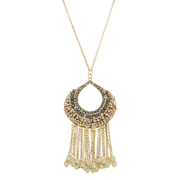 Gold tone necklace featuring a large pendant with grey, topaz, and pale pink stones accented by fringes with ivory beading. Approximately 30" in length.
