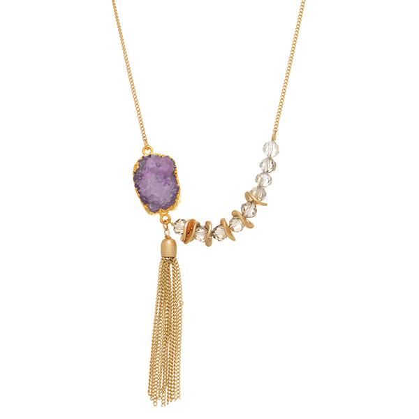 Wholesale gold necklace purple geode druzy quartz stone glass beads metal tassel