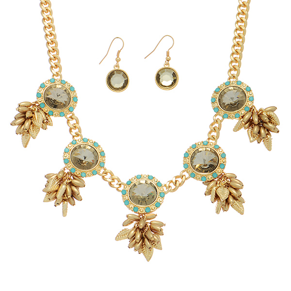 Wholesale gold necklace set five circle stones mint green stone accents dangling