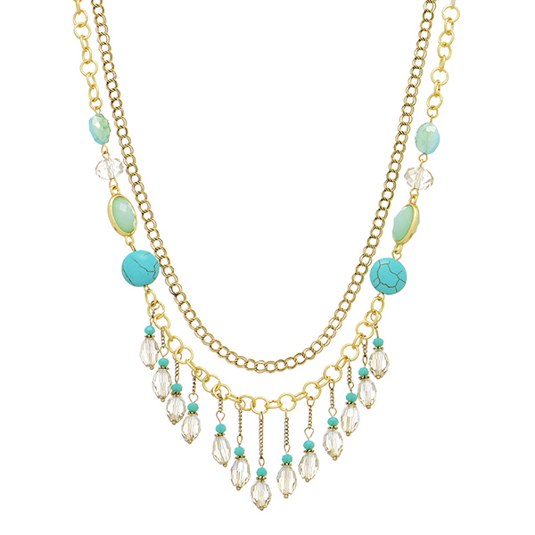 Wholesale gold layering necklace turquoise clear beads oval mint green stone