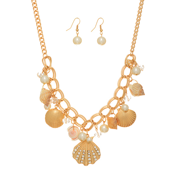 Wholesale gold necklace set sea life charms clear beads fuax ivory pearls