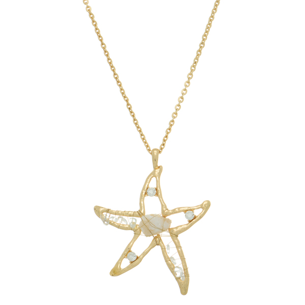Wholesale gold necklace large starfish pendant wire wrapped clear natural stones