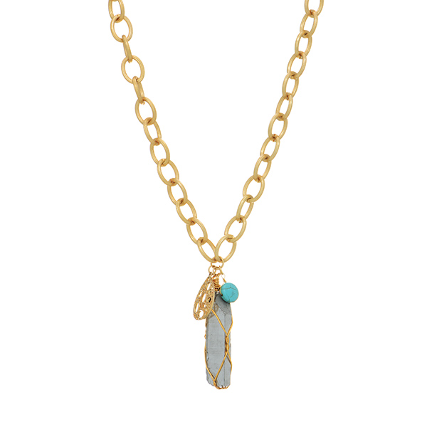Wholesale worn gold chain link necklace large gray quartz cylinder cut wire wrap