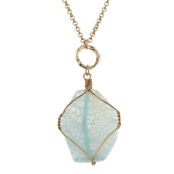 Wholesale worn gold necklace aqua wire wrapped natural stone pendant