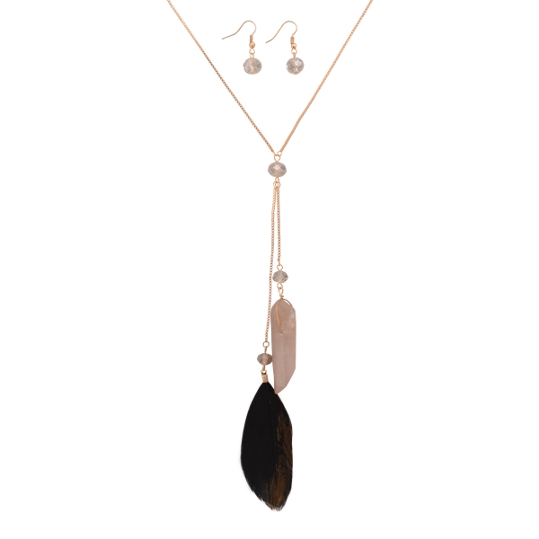 Gold tone necklace set featuring a gray bead with a hanging black feather and gray stone. Approximately 30" in length.