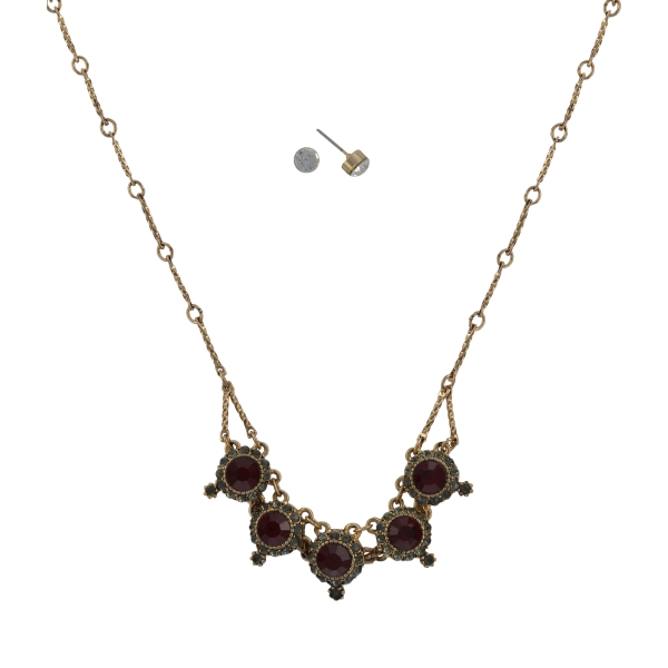 Wholesale burnished gold necklace set five round ruby red rhinestones gray rhine