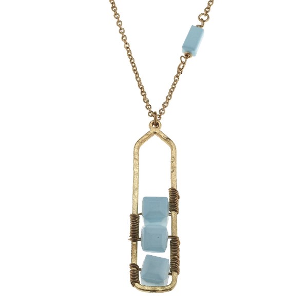 Wholesale worn gold necklace wire wrapped beaded pendant pale blue colored beads