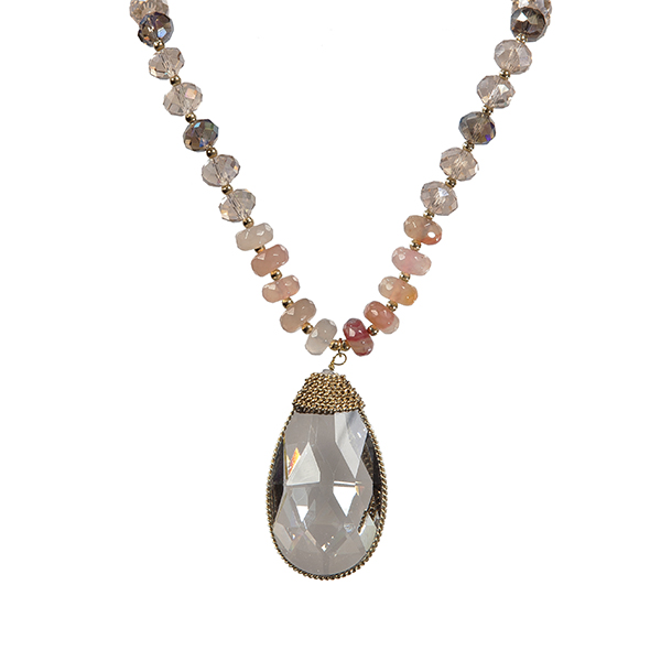 Black diamond and clear glass beaded necklace with a large black diamond teardrop shaped stone. Approximately 30" in length.
