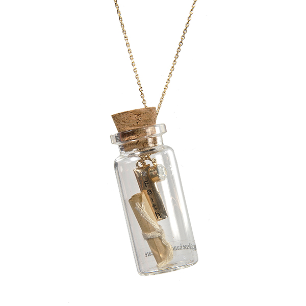 Wholesale gold message bottle necklace rhinestone charm plate stamped Faith scro