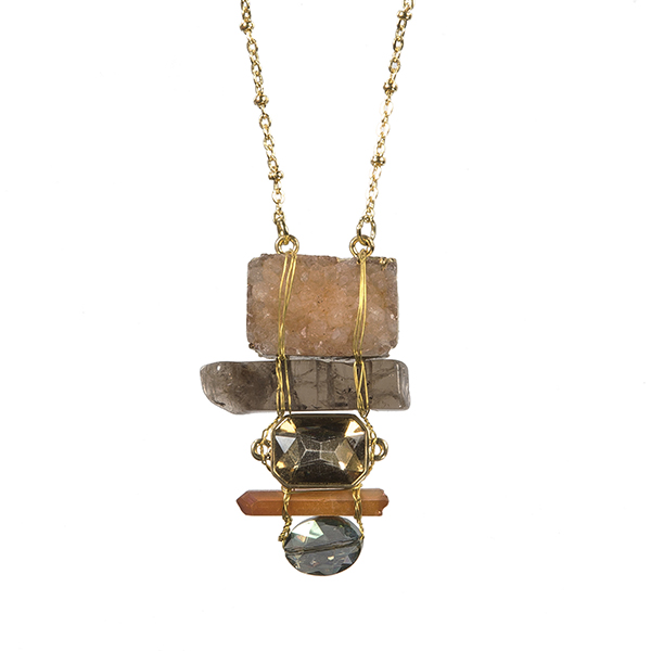 Gold tone necklace with a wire wrapped brown natural stone pendant. Approximately 18" in length.