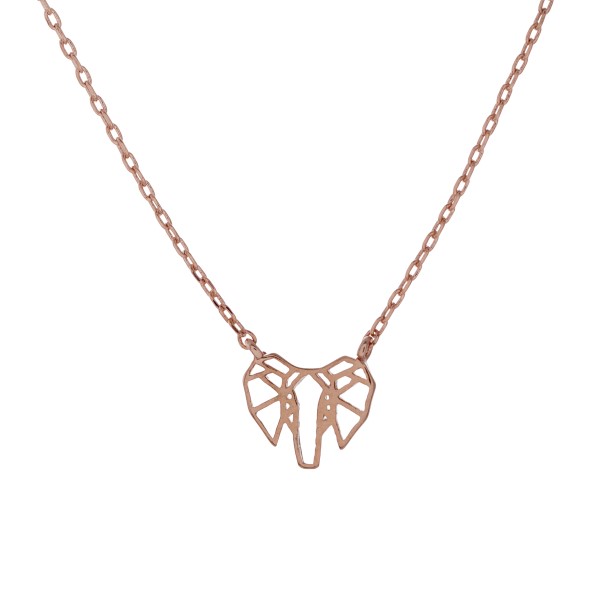 Rose gold tone necklace with a dainty cutout elephant charm. Approximately 17 1/2" in length.