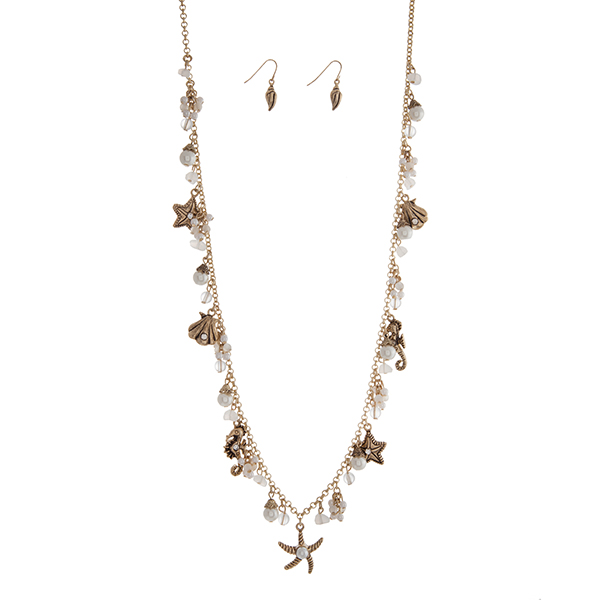 Wholesale gold necklace set displaying cluster faux pearls white beads sea life