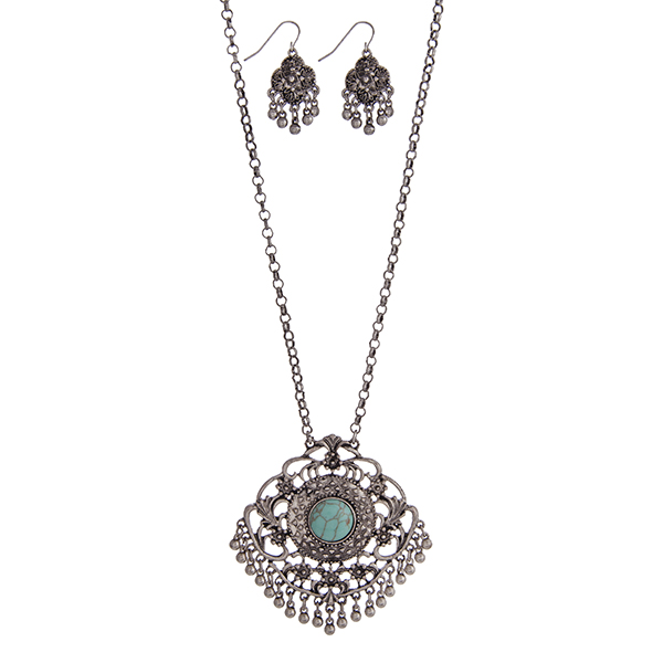 Wholesale silver necklace set Marrakesh pendant turquoise stone metal fringe