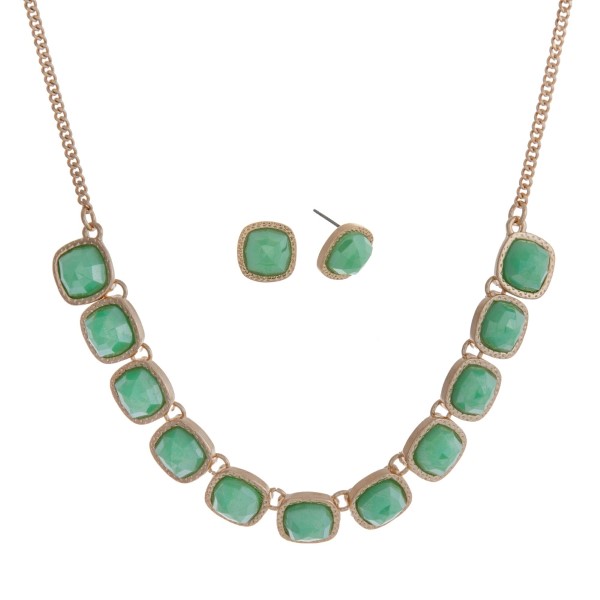 Wholesale gold necklace set faceted mint green square stones matching stud earri