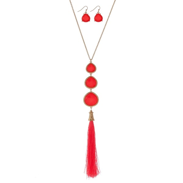 Wholesale gold necklace set hot pink teardrop stones fabric tassel pendant