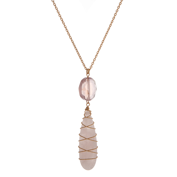 Wholesale gold necklace faceted pink stone wire wrapped teardrop stone