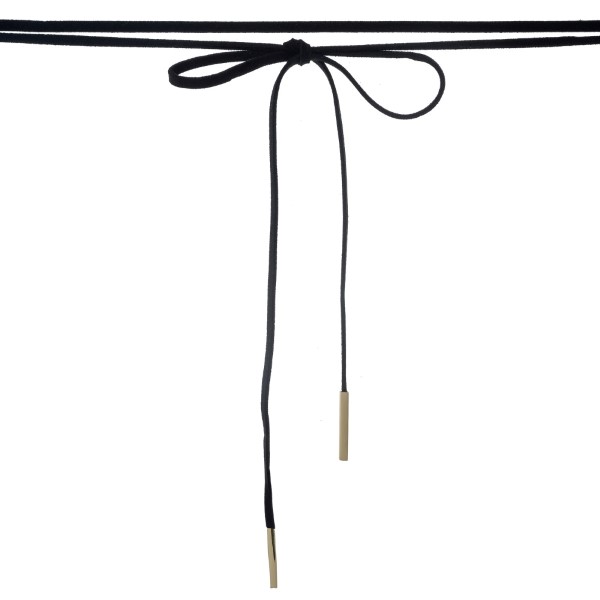 Black faux suede wrap necklace with gold tone hardware. Approximately 84" in length. 