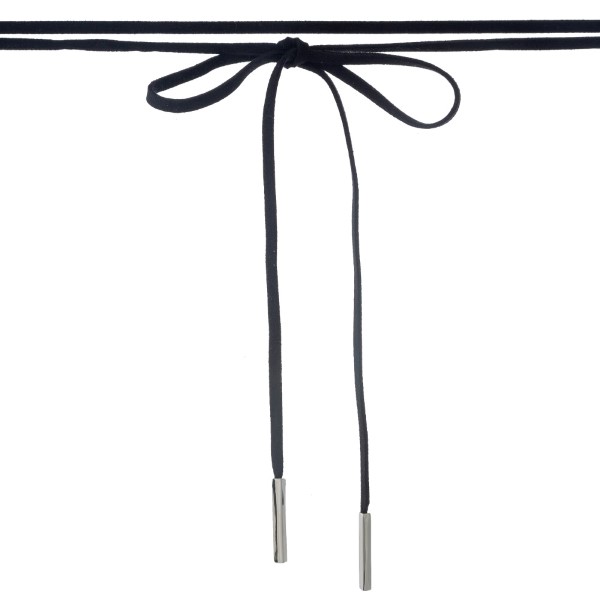 Black faux suede wrap necklace with silver tone hardware. Approximately 84" in length. 