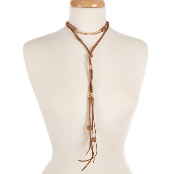 Wholesale brown faux suede wrap choker necklace gold hardware clear crystals