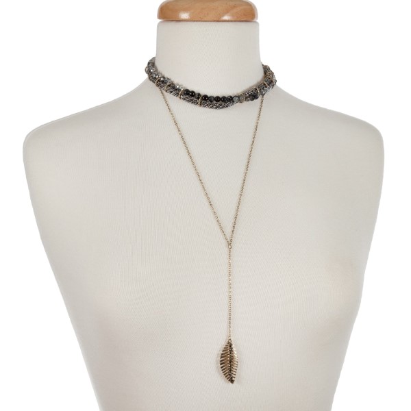 Wholesale gold double layer necklace snake skin pattern gray beaded choker Y lay