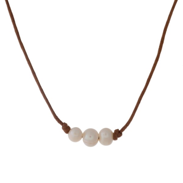 Wholesale tan waxed cord necklace three cream freshwater pearl beads