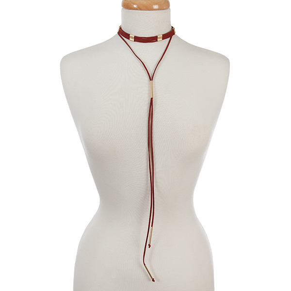 Burgundy choker necklace set with gold tone hardware and matching stud earrings. Approximately 12" in length. 