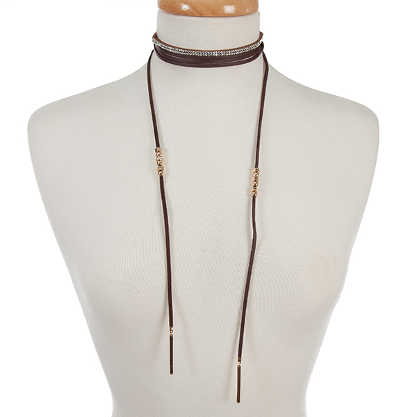 Dark brown faux suede two piece choker set with a clear rhinestone and a wrap necklace. Choker is approximately 12" in length and wrap necklace is 72" in length. 