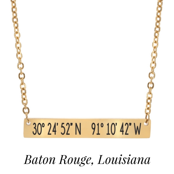 Wholesale gold necklace bar pendant stamped coordinates Baton Rouge Louisiana