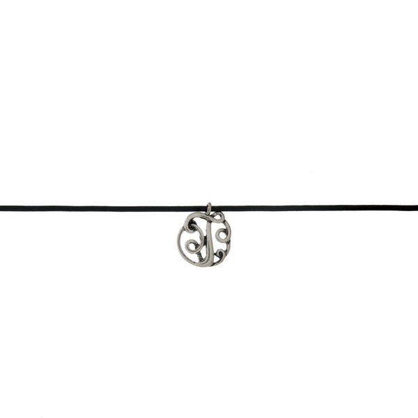 Black waxed cord choker with a silver tone script 'T' initial. Approximately 12" in length. 