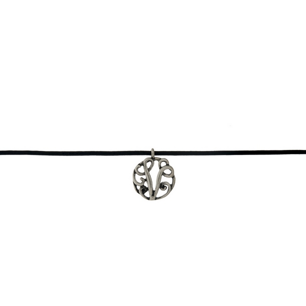 Black waxed cord choker with a silver tone script 'V' initial. Approximately 12" in length. 