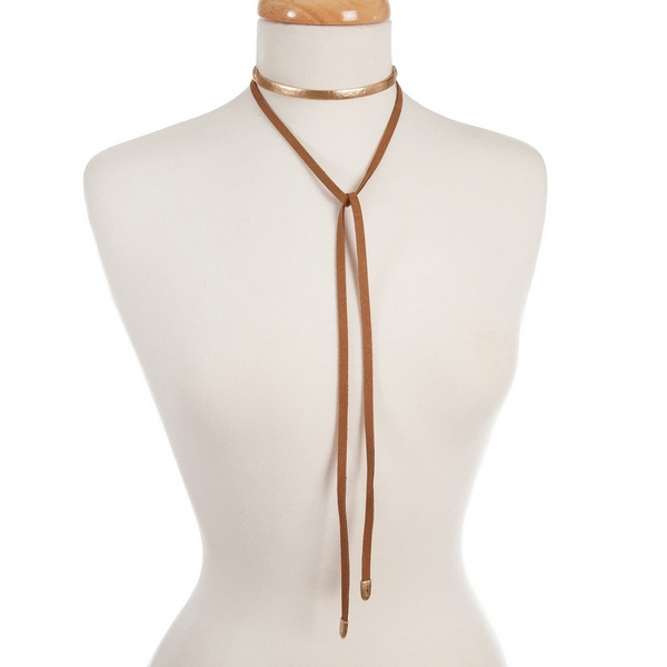 Wholesale brown faux suede choker wrap necklace gold bar