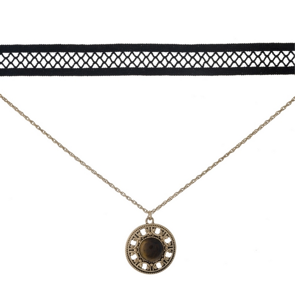 Black and gold tone, double layer choker with a circle pendant, accented by a brown stone. Approximately 12" in length.