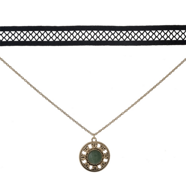 Black and gold tone, double layer choker with a circle pendant, accented by a green stone. Approximately 12" in length.