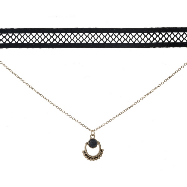 Wholesale black gold double layer choker black stone pendant