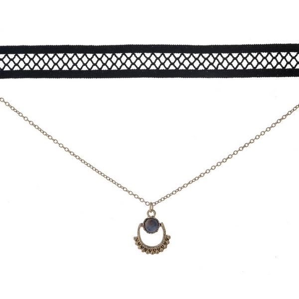 Black and gold tone, double layer choker with a blue stone pendant. Approximately 12" in length. 