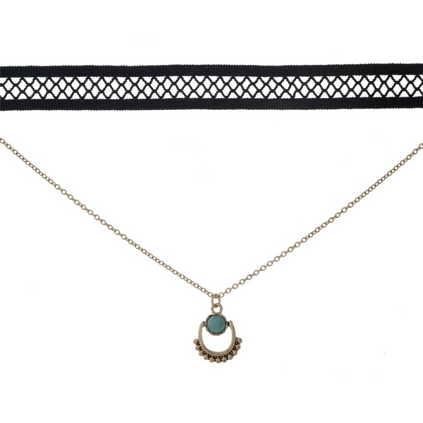 Black and gold tone, double layer choker with a turquoise stone pendant. Approximately 12" in length. 