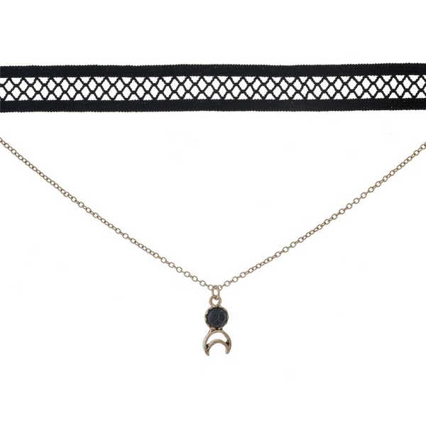 Wholesale black gold double layer choker crescent cut out pendant black stone