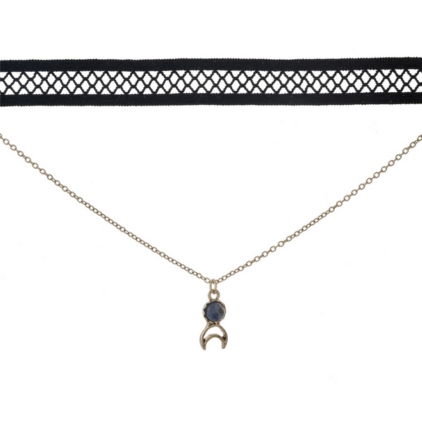 Black and gold tone, double layer choker with a crescent cut out pendant, accented by a blue stone. Approximately 12" in length.